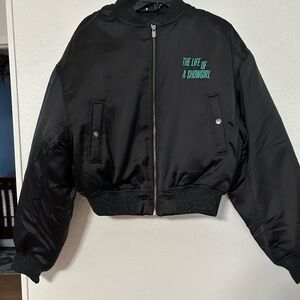 Taylor Swift Black Bomber Jacket with Teal Chest Script